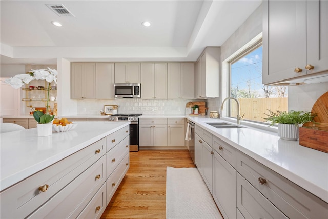 kitchen with light wood finished floors, a sink, decorative backsplash, light countertops, and stainless steel appliances