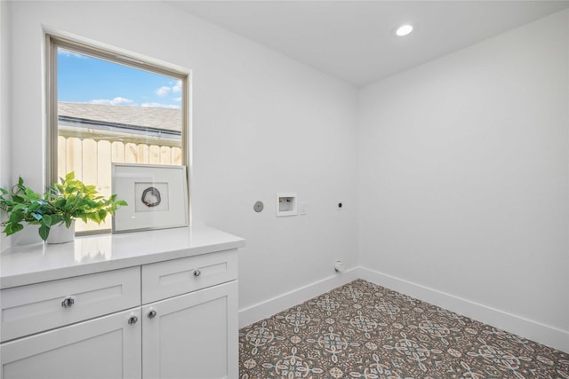 washroom featuring baseboards, recessed lighting, hookup for a washing machine, cabinet space, and electric dryer hookup