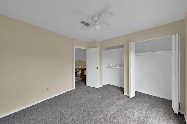 unfurnished bedroom with a ceiling fan, baseboards, visible vents, and dark carpet