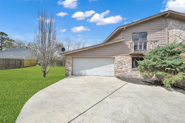 view of property exterior with fence, a lawn, brick siding, and driveway