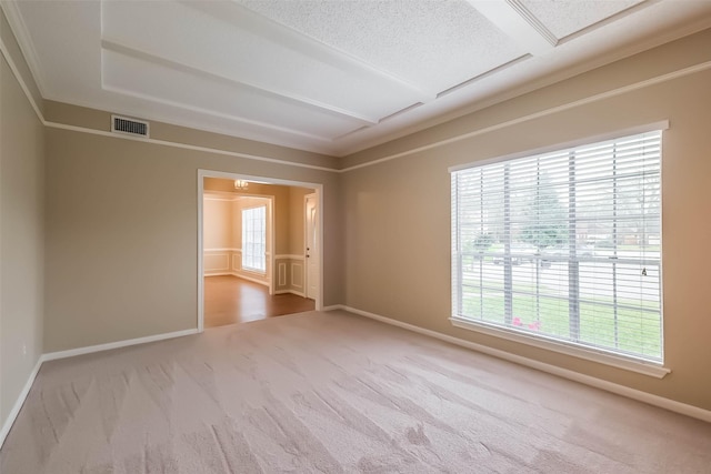 empty room featuring visible vents, baseboards, and carpet