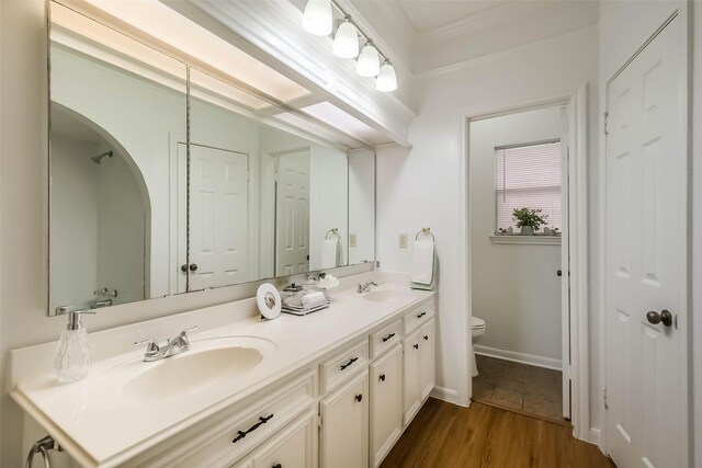 bathroom with a sink, toilet, wood finished floors, and double vanity