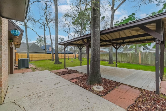 view of patio featuring central air condition unit and a fenced backyard