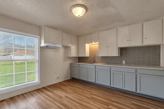 kitchen with a sink, light wood-type flooring, under cabinet range hood, and gray cabinets