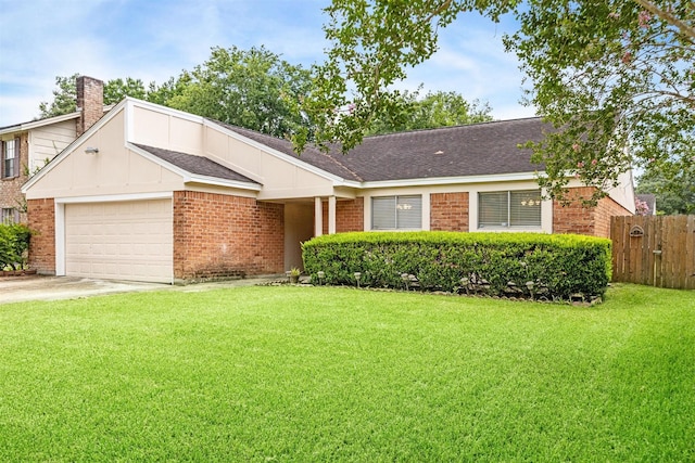 ranch-style home featuring brick siding, an attached garage, a front lawn, and roof with shingles