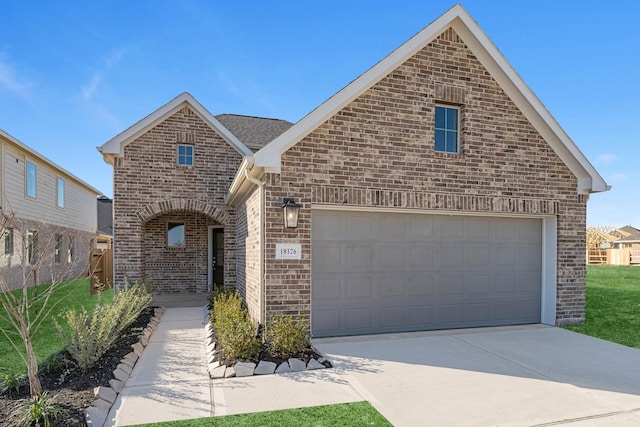 view of front facade featuring a front lawn, brick siding, an attached garage, and driveway