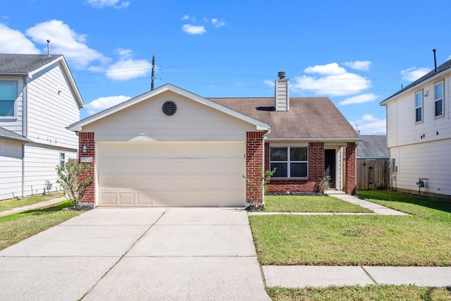 view of front of home featuring brick siding, a chimney, concrete driveway, and a front lawn