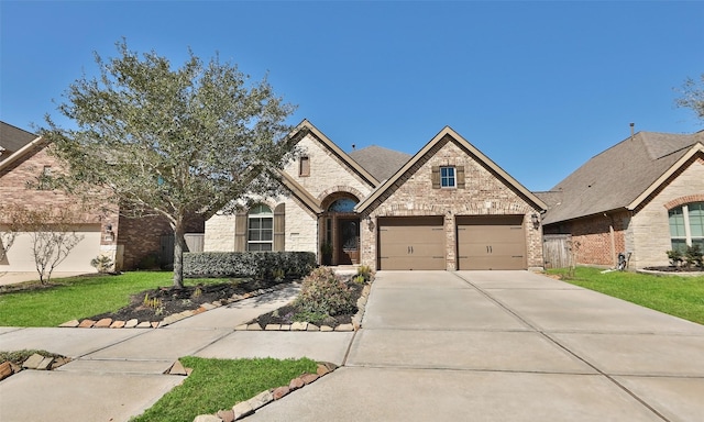 french country style house featuring a front yard, brick siding, and driveway