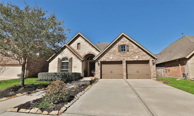 french country home featuring a garage, brick siding, and driveway