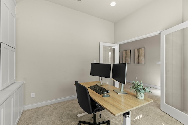 carpeted home office featuring recessed lighting and baseboards