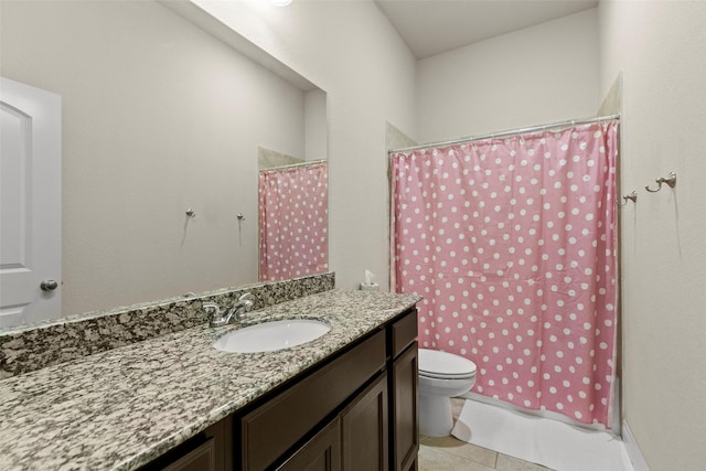 bathroom featuring vanity, tile patterned floors, toilet, and a shower with shower curtain