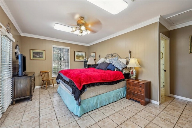 bedroom featuring light tile patterned floors, baseboards, ornamental molding, and a ceiling fan