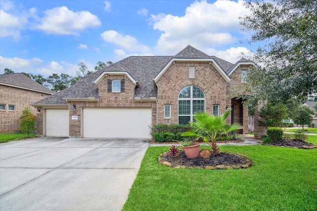 french country style house featuring a front yard, brick siding, driveway, and a shingled roof