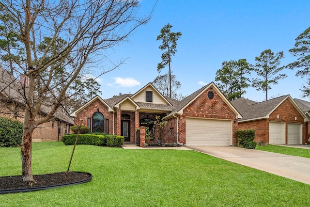 view of front of home featuring brick siding, a front yard, roof with shingles, a garage, and driveway