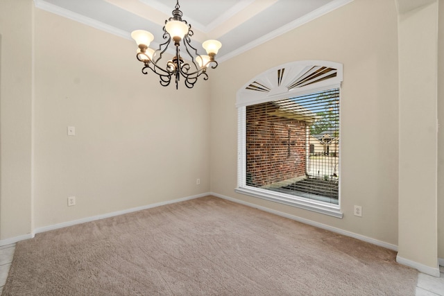 unfurnished room featuring a notable chandelier, a raised ceiling, crown molding, baseboards, and light colored carpet