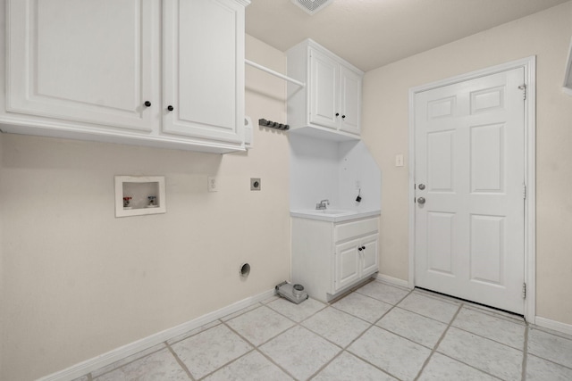 clothes washing area featuring hookup for a washing machine, light tile patterned floors, hookup for an electric dryer, cabinet space, and a sink