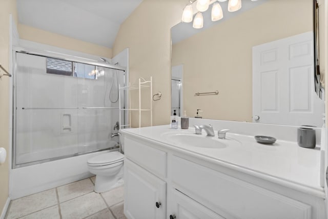 full bathroom featuring toilet, lofted ceiling, tile patterned floors, vanity, and enclosed tub / shower combo