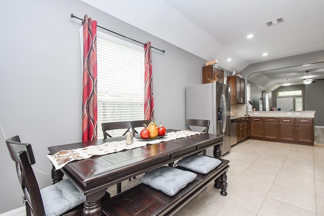 dining space featuring light tile patterned floors, visible vents, recessed lighting, ceiling fan, and vaulted ceiling