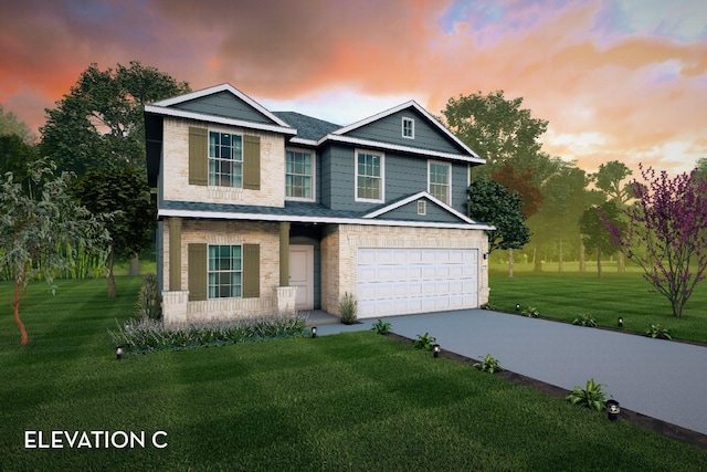 view of front of home featuring brick siding, an attached garage, concrete driveway, and a yard