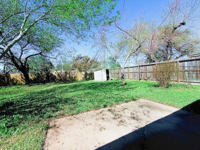 view of yard with an outbuilding, a fenced backyard, a shed, and a patio area