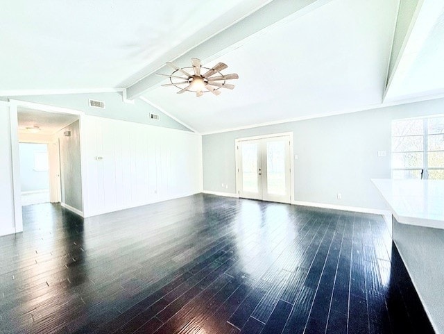 unfurnished living room featuring visible vents, wood finished floors, vaulted ceiling with beams, and french doors