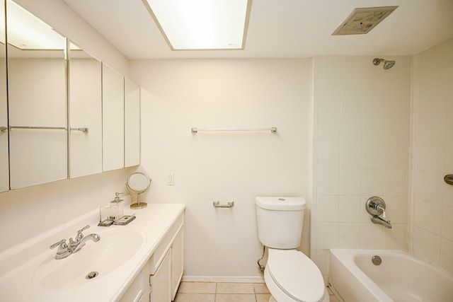 bathroom with tile patterned floors, toilet, shower / bath combination, baseboards, and vanity