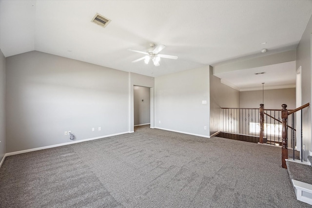 empty room featuring visible vents, baseboards, carpet, and ceiling fan