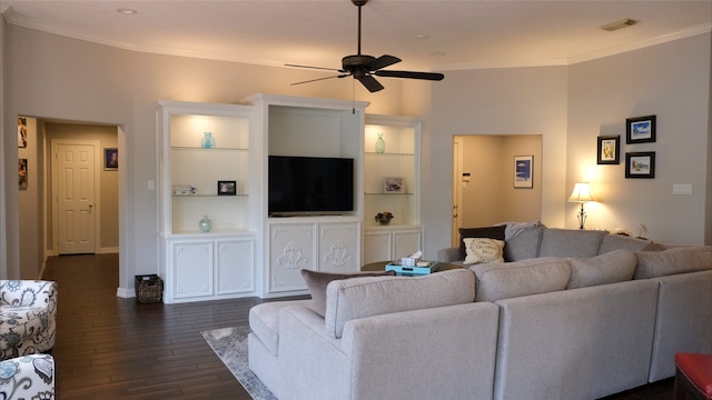 living area featuring a ceiling fan, dark wood-type flooring, crown molding, and visible vents