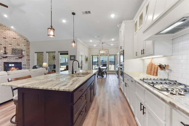 kitchen with visible vents, premium range hood, appliances with stainless steel finishes, light wood-style floors, and a sink