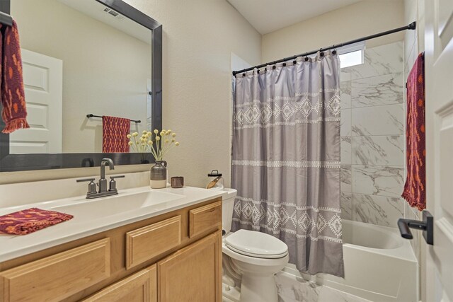 full bath with vanity, shower / bathtub combination with curtain, visible vents, toilet, and marble finish floor