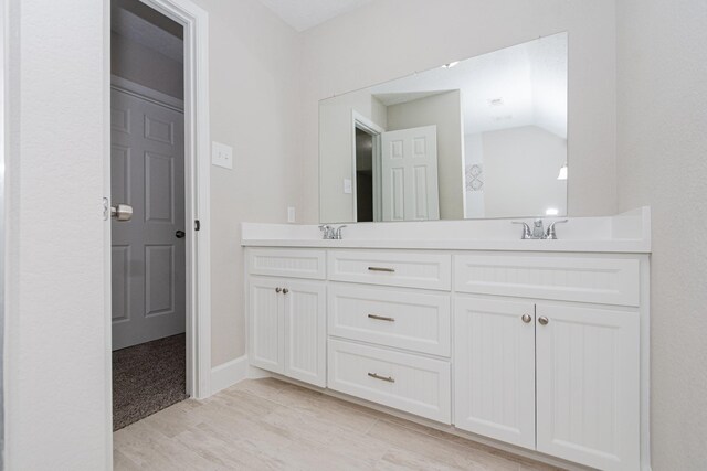 full bathroom with double vanity, wood finished floors, and a sink