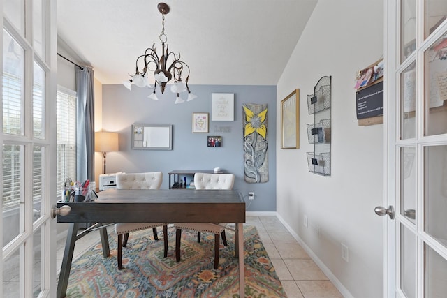 office area featuring light tile patterned floors, french doors, baseboards, and a notable chandelier