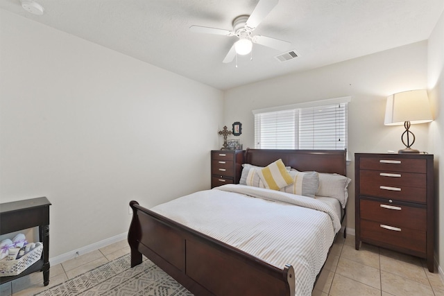 bedroom with light tile patterned flooring, baseboards, visible vents, and ceiling fan