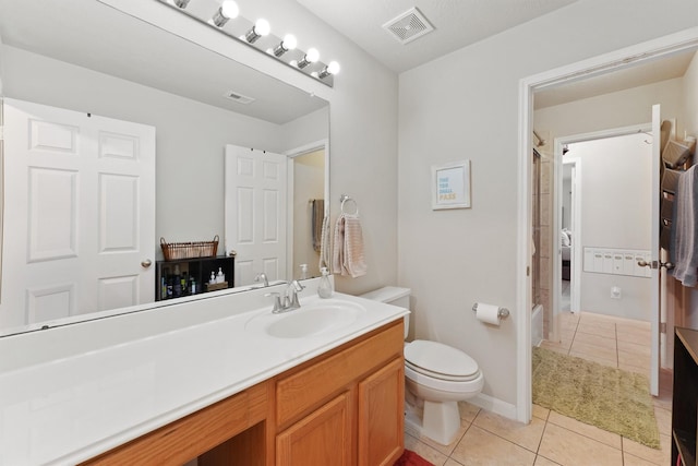 bathroom with visible vents, toilet, tile patterned floors, vanity, and a shower