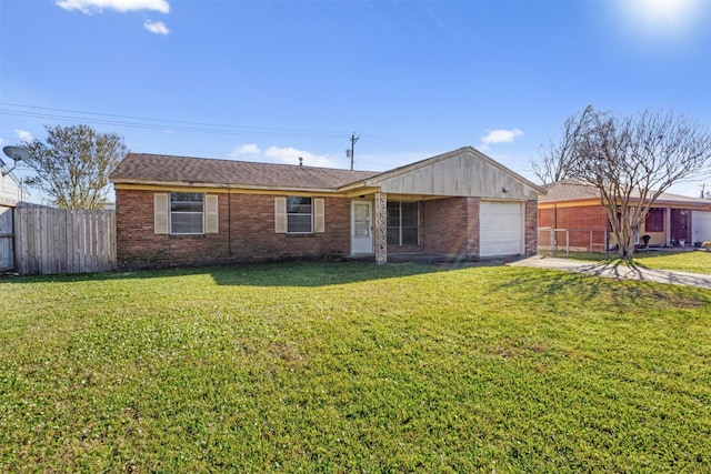 ranch-style house with brick siding, concrete driveway, a front lawn, and fence