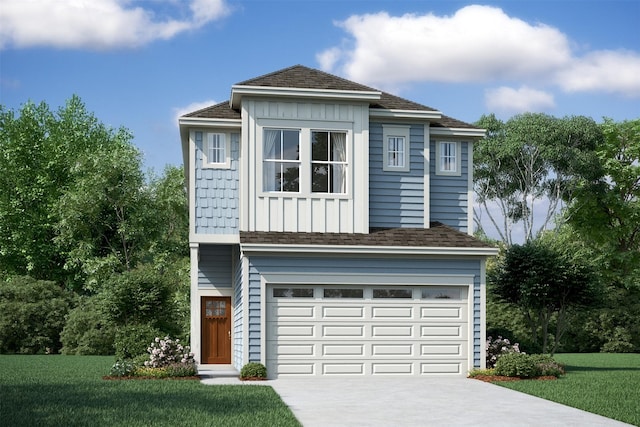 view of front of property featuring driveway, an attached garage, a front lawn, and roof with shingles