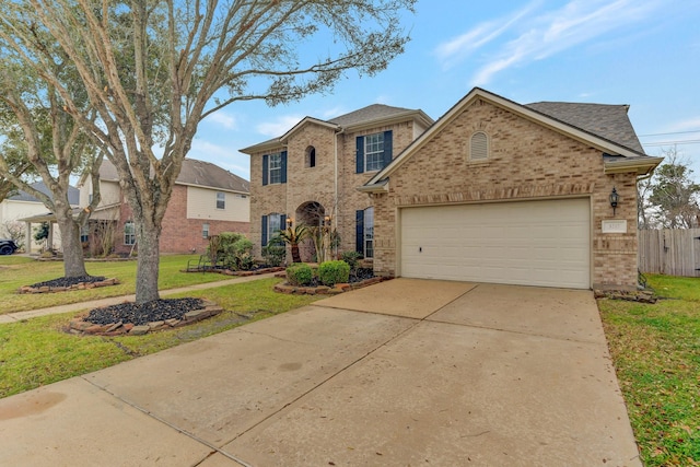 traditional-style house featuring a front lawn, fence, concrete driveway, an attached garage, and brick siding