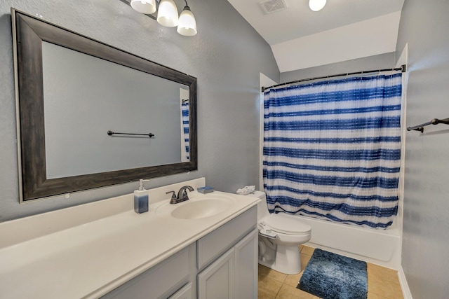 bathroom with tile patterned flooring, visible vents, toilet, vanity, and shower / bathtub combination with curtain