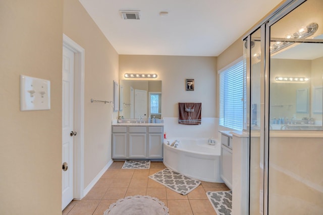 full bath featuring vanity, visible vents, a shower stall, tile patterned floors, and a bath