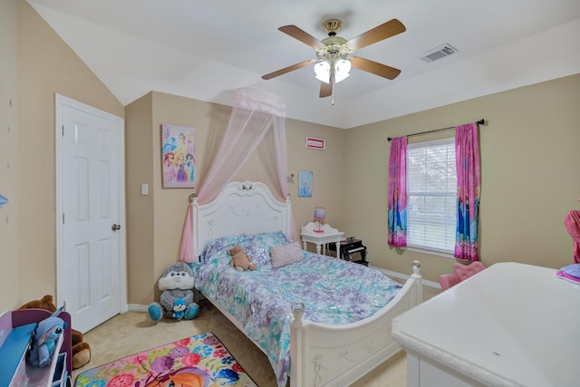 bedroom with baseboards, visible vents, lofted ceiling, ceiling fan, and light carpet