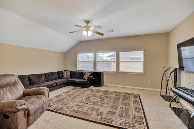 living area featuring visible vents, baseboards, light colored carpet, vaulted ceiling, and a ceiling fan