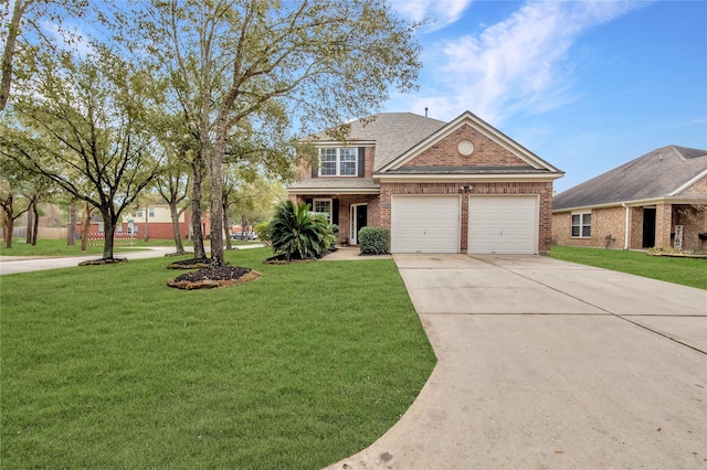 view of front facade featuring a front lawn, concrete driveway, an attached garage, a shingled roof, and brick siding