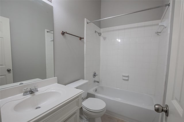 full bath with toilet,  shower combination, and vanity