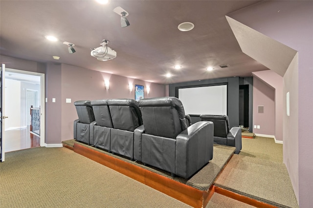 carpeted home theater with visible vents, recessed lighting, and baseboards