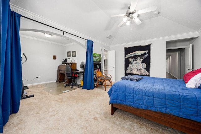 bedroom featuring visible vents, ornamental molding, arched walkways, carpet, and lofted ceiling