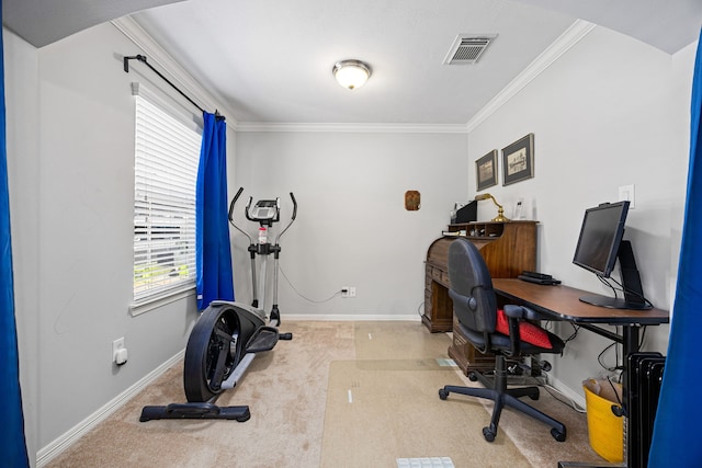 office space featuring arched walkways, visible vents, crown molding, and carpet floors