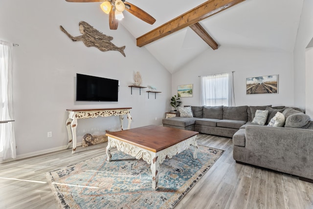 living room with ceiling fan, baseboards, beam ceiling, and wood finished floors