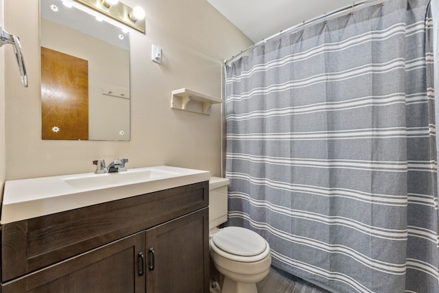 bathroom featuring toilet, vanity, and a shower with curtain