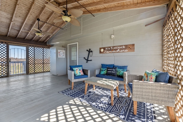 exterior space with ceiling fan and an outdoor hangout area