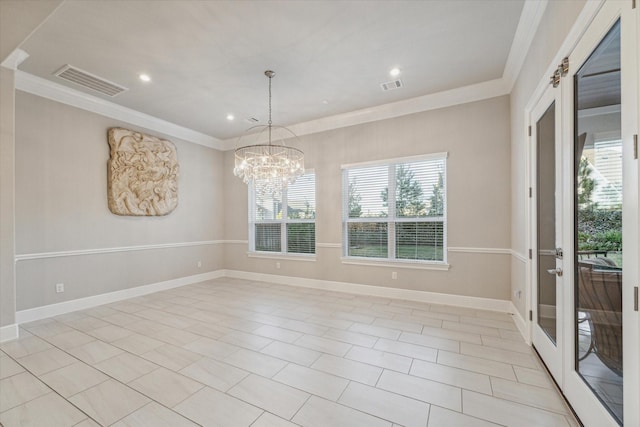 interior space with visible vents, baseboards, and ornamental molding